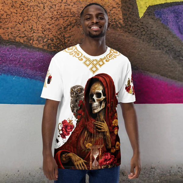 Santa Muerte Roja All Over T-Shirt, a symbol of love and protection.